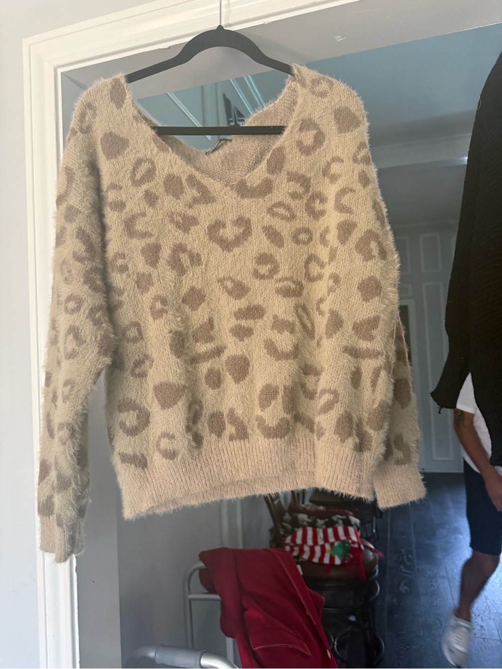 Fuzzy Beige Leopard V-Neck Sweater